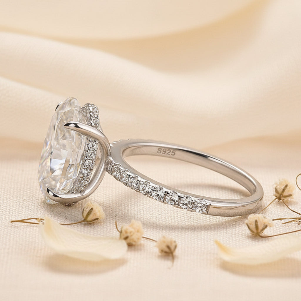Aurevyn Moissanite 5.5Ct Oval Cut Hidden Halo White Gold Promise Ring For Women