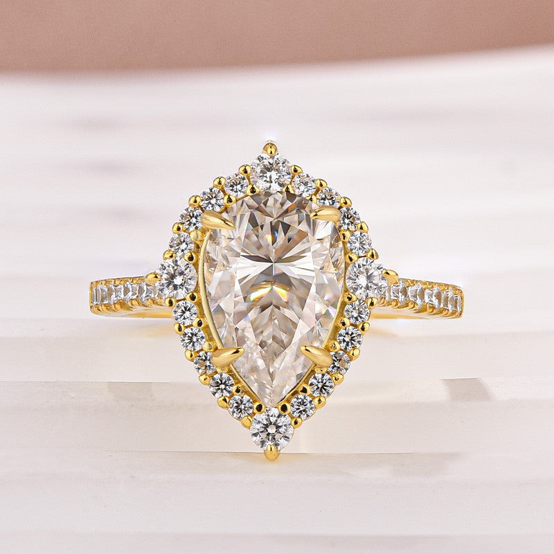 Aurevyn Moissanite 2.5 Ct Halo Pear Cut Yellow Gold Travel Ring