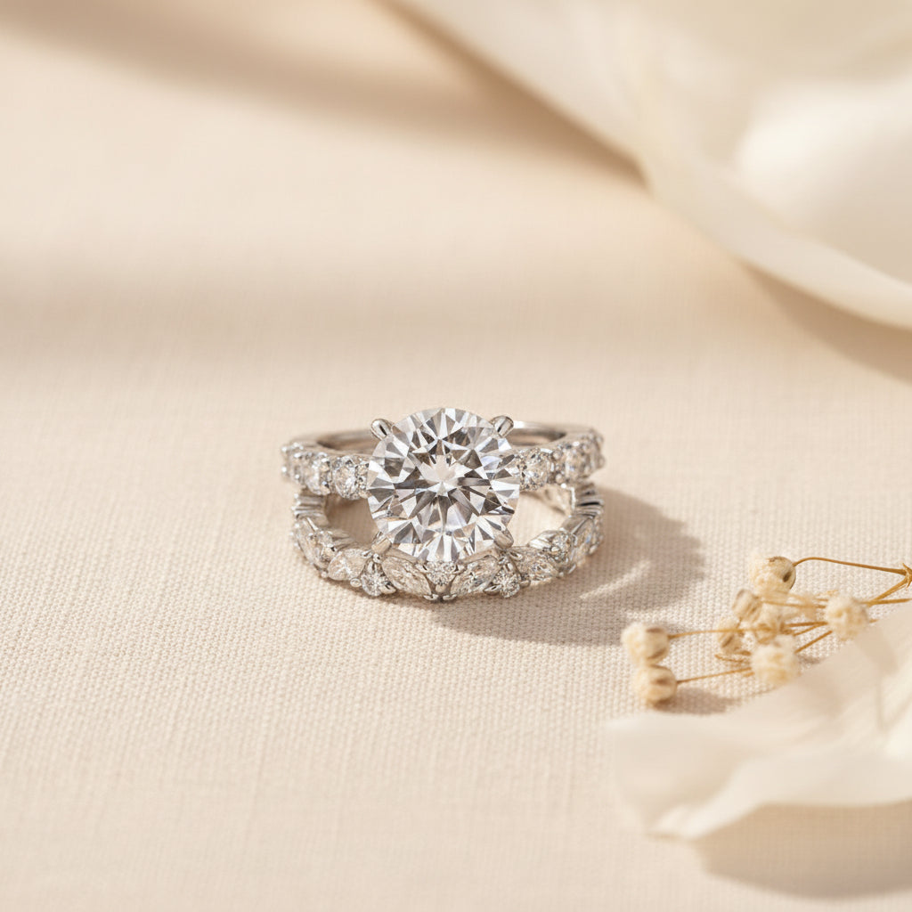 Aurevyn Moissanite 4.0Ct Round Cut White Gold  White/ Green Wedding Ring with Round & Marquise Cut Wedding Ring