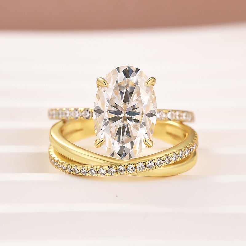 Aurevyn Moissanite 2PC 4.0 Ct Oval Cut Twist Yellow Gold Wedding Ring Set For Women