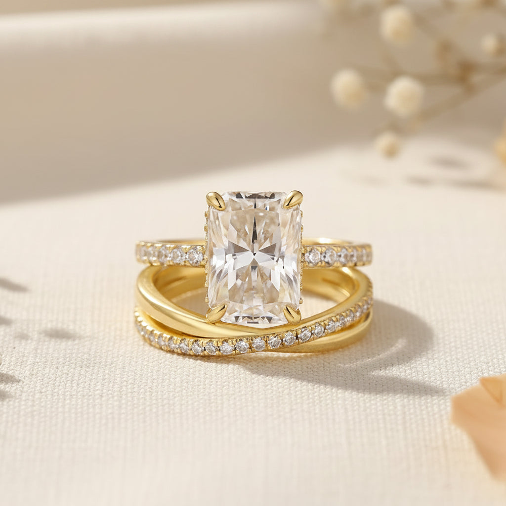 Aurevyn Moissanite 2PC 3.5 Ct Radiant Cut/Emerald Cut Twist Yellow Gold Wedding Ring Set For Women