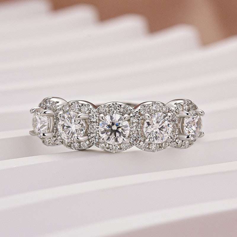 Aurevyn 1.3Ct Round Cut Moissanite Five Stone Wedding Band Halo Design in Sterling Silver