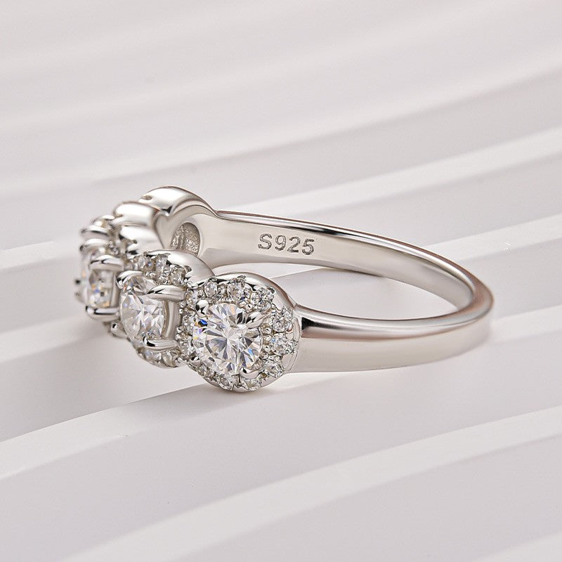 Aurevyn 1.3Ct Round Cut Moissanite Five Stone Wedding Band Halo Design in Sterling Silver