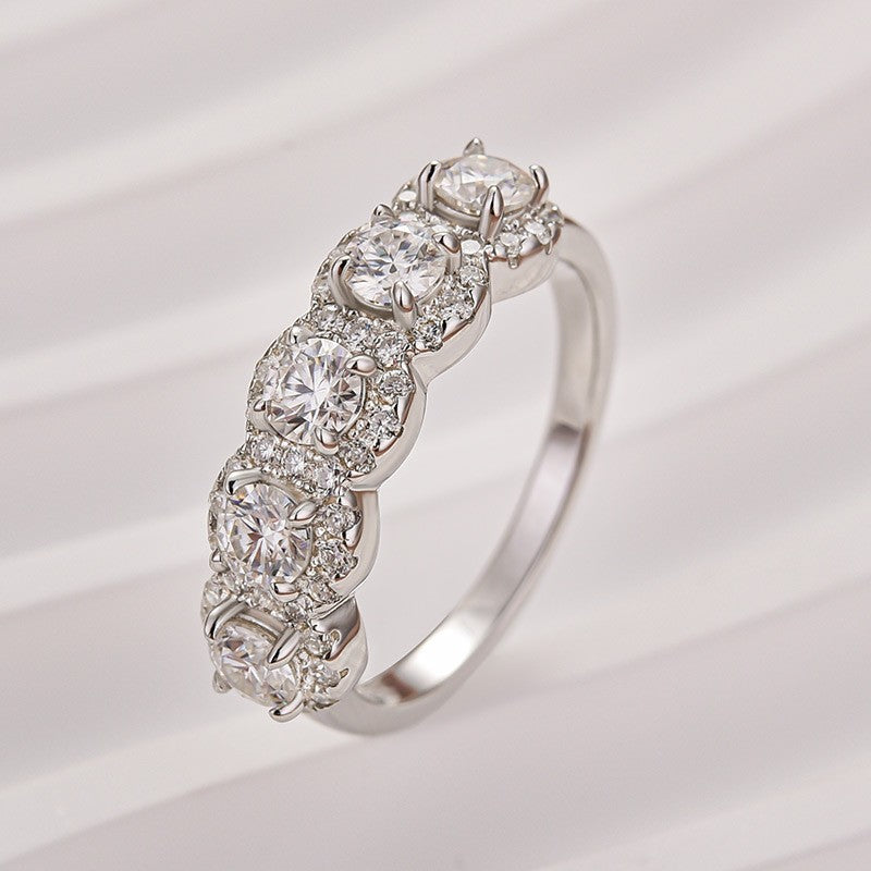 Aurevyn 1.3Ct Round Cut Moissanite Five Stone Wedding Band Halo Design in Sterling Silver