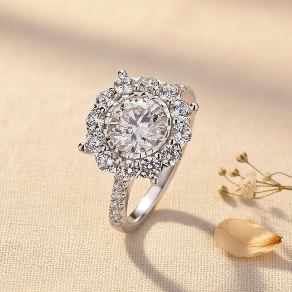 Aurevyn Moissanite 1.2Ct Halo Round Cut White Gold Engagement Ring