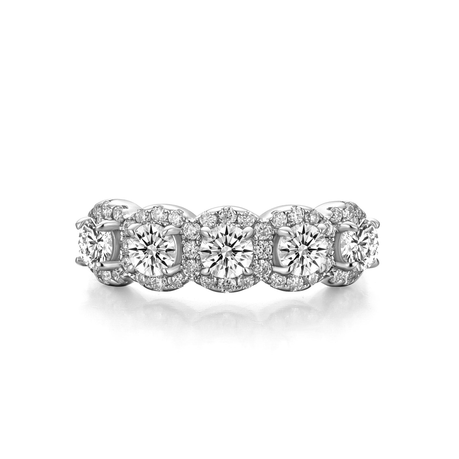 Aurevyn 1.3Ct Round Cut Moissanite Five Stone Wedding Band Halo Design in Sterling Silver