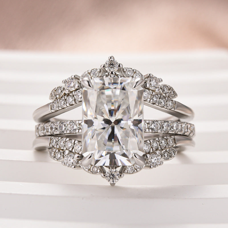 Aurevyn Moissanite 3.5Ct Radiant Cut White Gold Stack Wedding Ring with Jacket Wedding Band