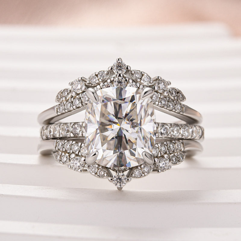 Aurevyn Moissanite 3.0Ct Cushion Cut White Gold Stack Wedding Ring with Jacket Wedding Band