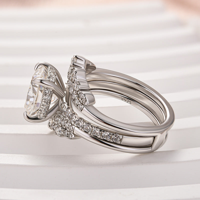 Aurevyn Moissanite 3.0Ct Cushion Cut White Gold Stack Wedding Ring with Jacket Wedding Band