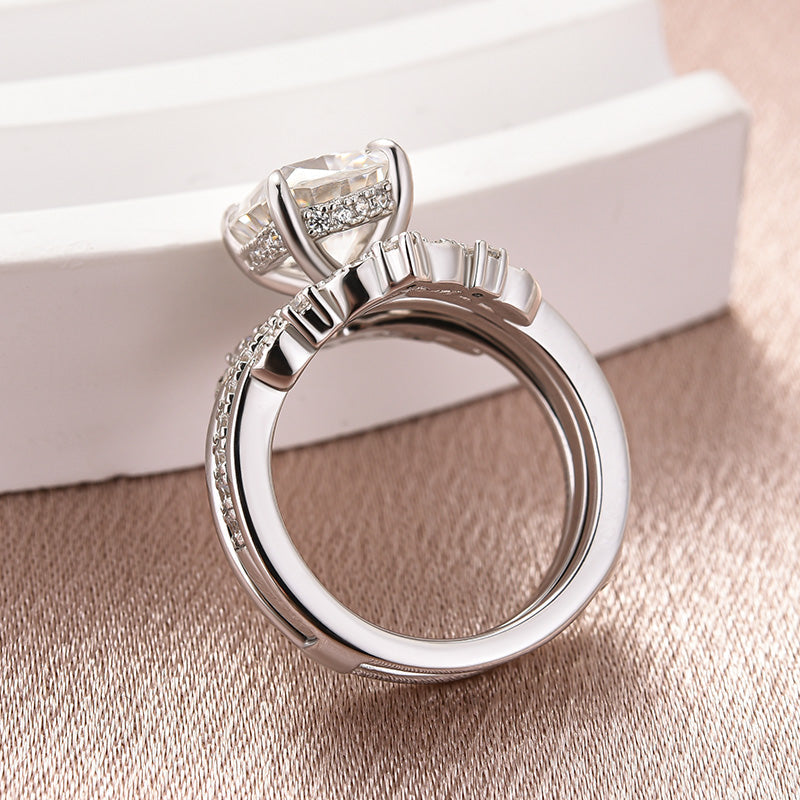 Aurevyn Moissanite 3.0Ct Cushion Cut White Gold Stack Wedding Ring with Jacket Wedding Band