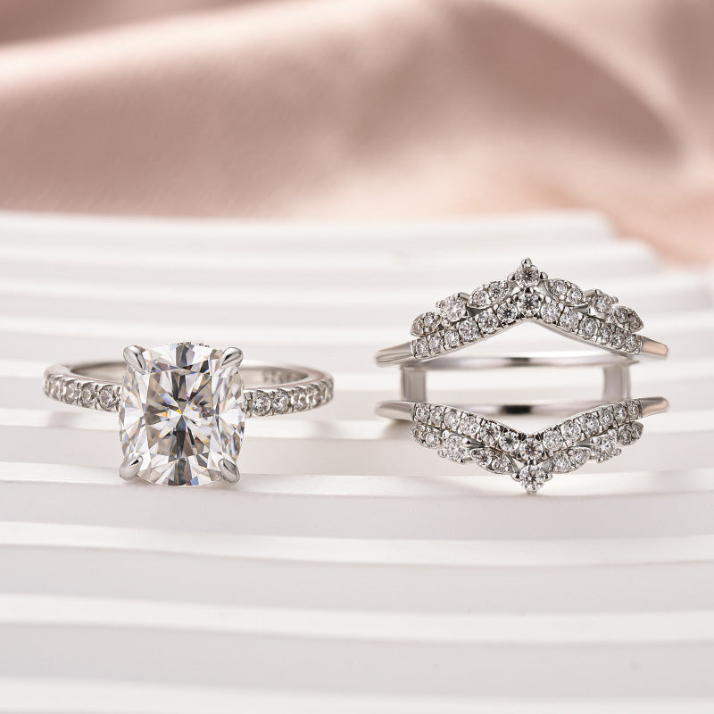 Aurevyn Moissanite 3.0Ct Cushion Cut White Gold Stack Wedding Ring with Jacket Wedding Band