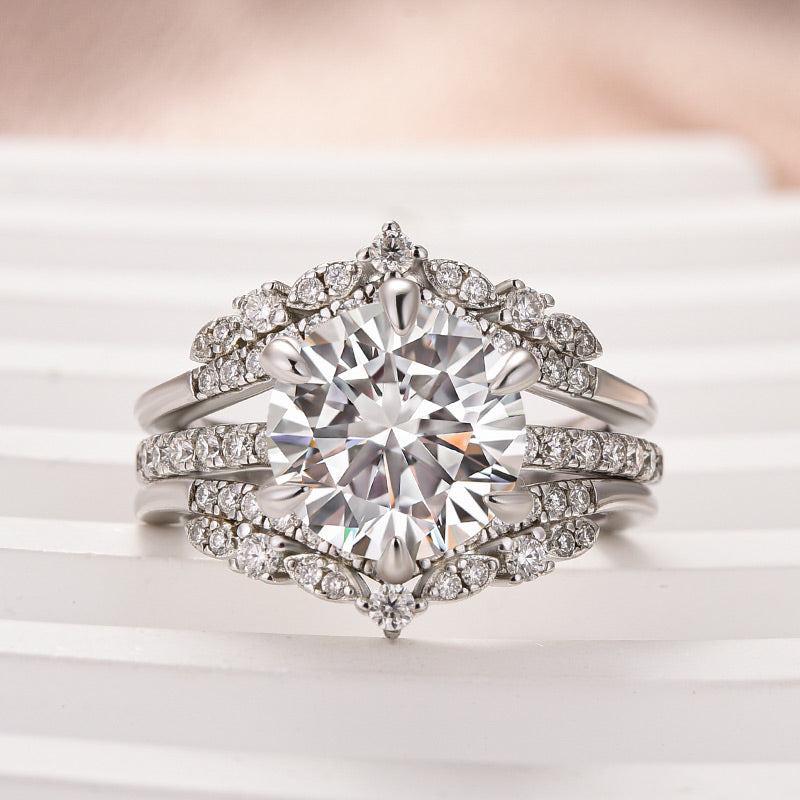 Aurevyn Moissanite 3.0Ct Round Cut White Gold Stack Wedding Ring with Jacket Wedding Band