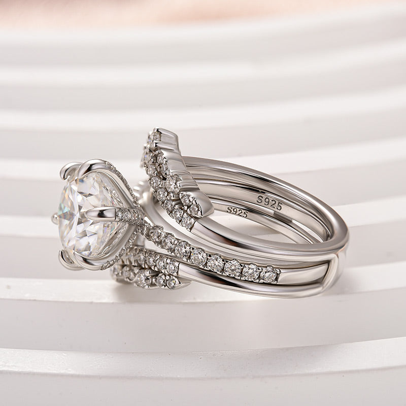 Aurevyn Moissanite 3.0Ct Round Cut White Gold Stack Wedding Ring with Jacket Wedding Band