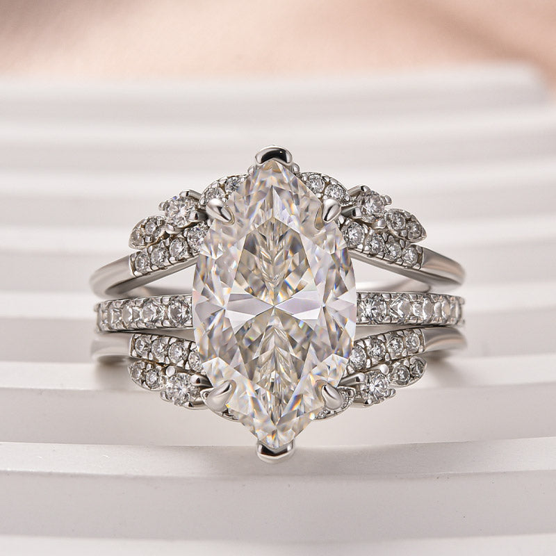 Aurevyn Moissanite 4.0Ct Marquise Cut White Gold Stack Wedding Ring with Jacket Wedding Band