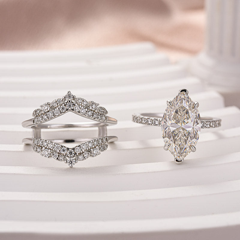 Aurevyn Moissanite 4.0Ct Marquise Cut White Gold Stack Wedding Ring with Jacket Wedding Band