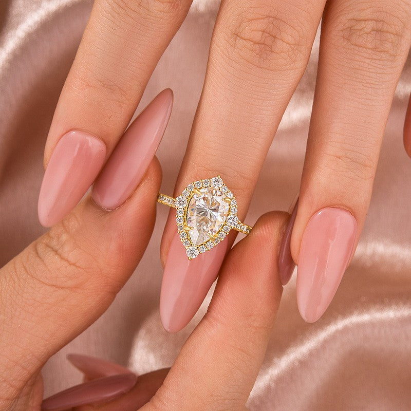 Aurevyn Moissanite 2.5 Ct Halo Pear Cut Yellow Gold Travel Ring