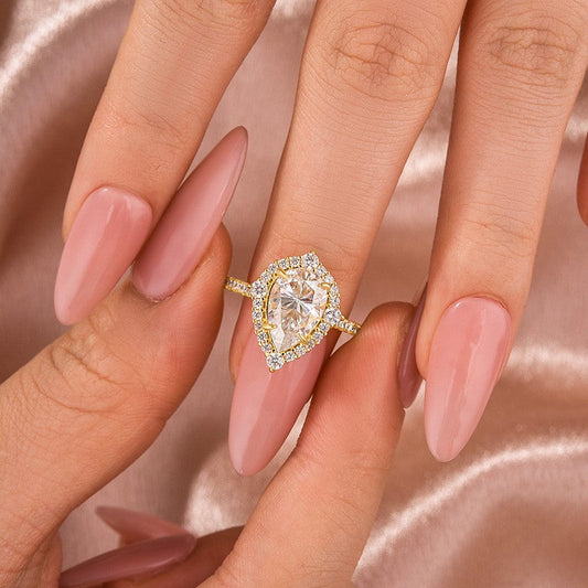 Aurevyn Moissanite 2.5 Ct Halo Pear Cut Yellow Gold Travel Ring