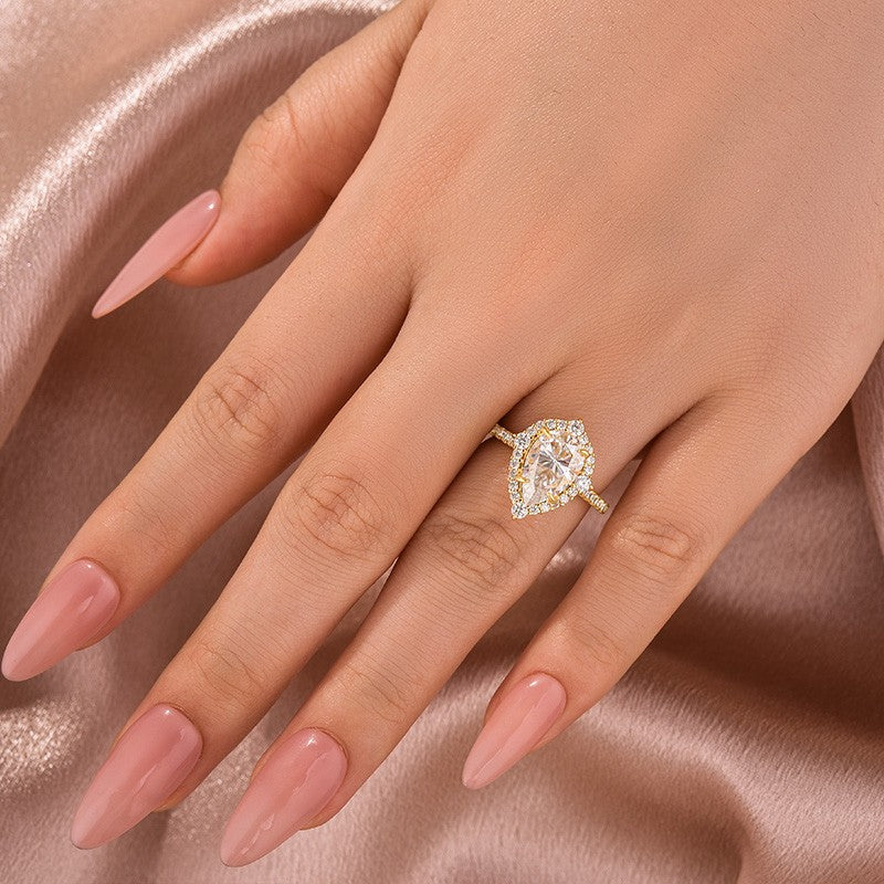 Aurevyn Moissanite 2.5 Ct Halo Pear Cut Yellow Gold Travel Ring
