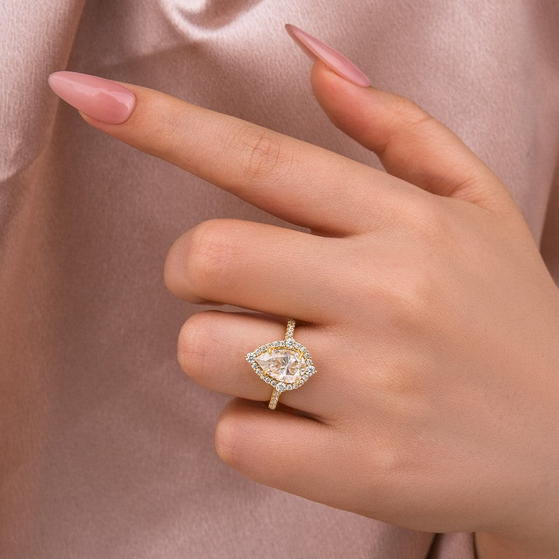Aurevyn Moissanite 2.5 Ct Halo Pear Cut Yellow Gold Travel Ring