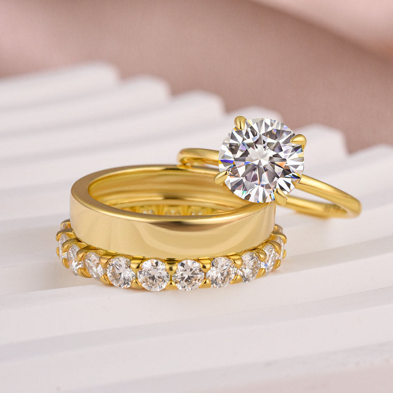 Aurevyn 2.0 Ct Round Cut Yellow Gold Wedding Ring Set with Wide Band