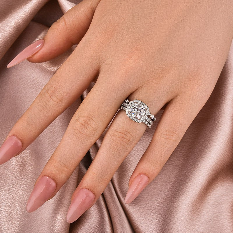 Aurevyn Moissanite 2.0Ct Halo Round Cut White Gold Promise Ring With Round Cut & Marquise Cut Anniversary Ring