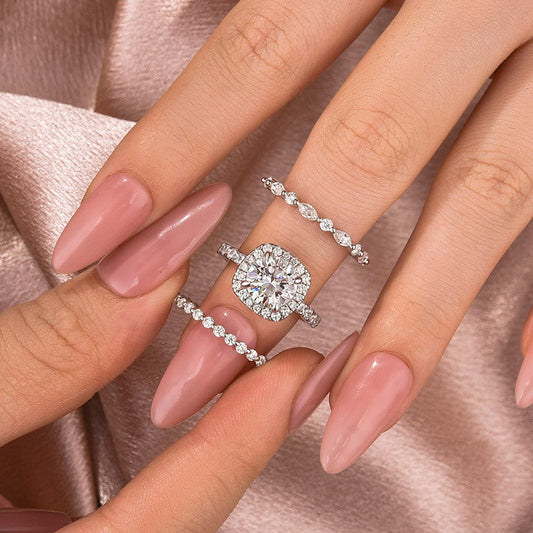 Aurevyn Moissanite 2.0Ct Halo Round Cut White Gold Promise Ring With Round Cut & Marquise Cut Anniversary Ring