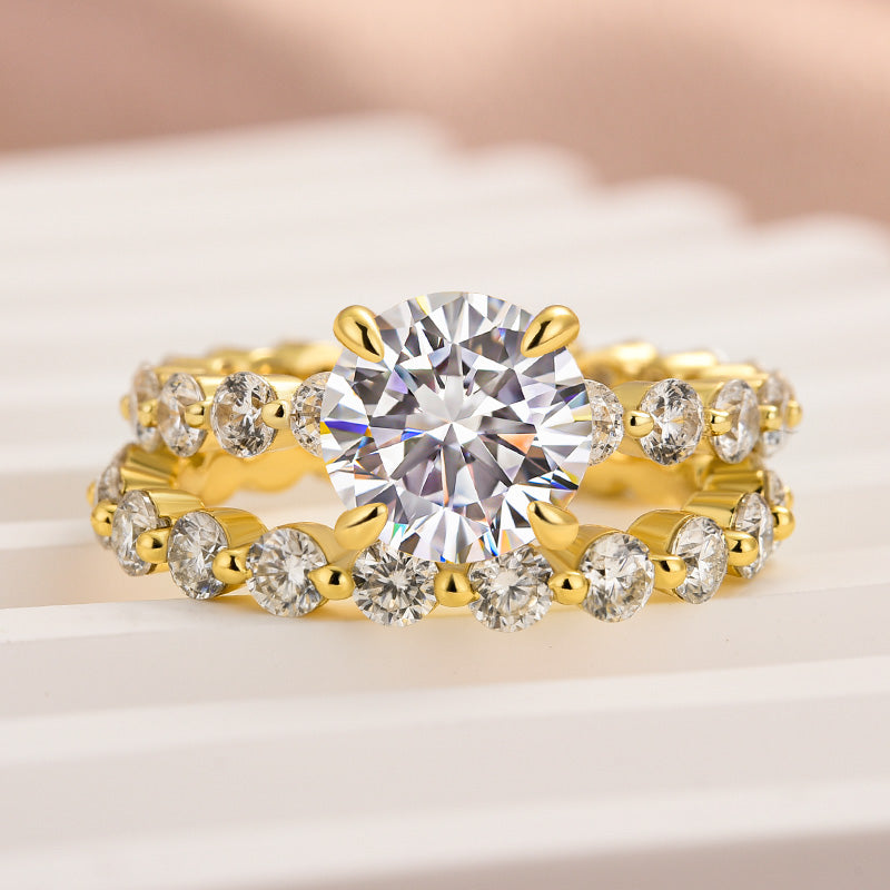 Aurevyn 2.0 Ct Round Cut Yellow Gold Wedding Ring Set With Eternity Wedding Band