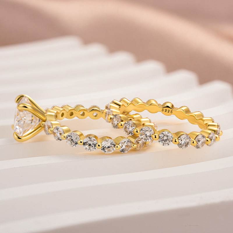 Aurevyn 2.0 Ct Round Cut Yellow Gold Wedding Ring Set With Eternity Wedding Band