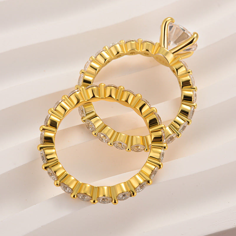 Aurevyn 2.0 Ct Round Cut Yellow Gold Wedding Ring Set With Eternity Wedding Band