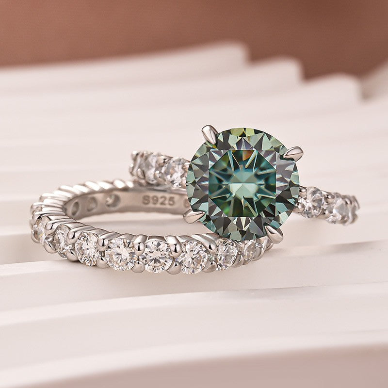 Aurevyn Moissanite 4.0Ct Turquoise Round Cut Side Stone White Gold Travel Bridal Set