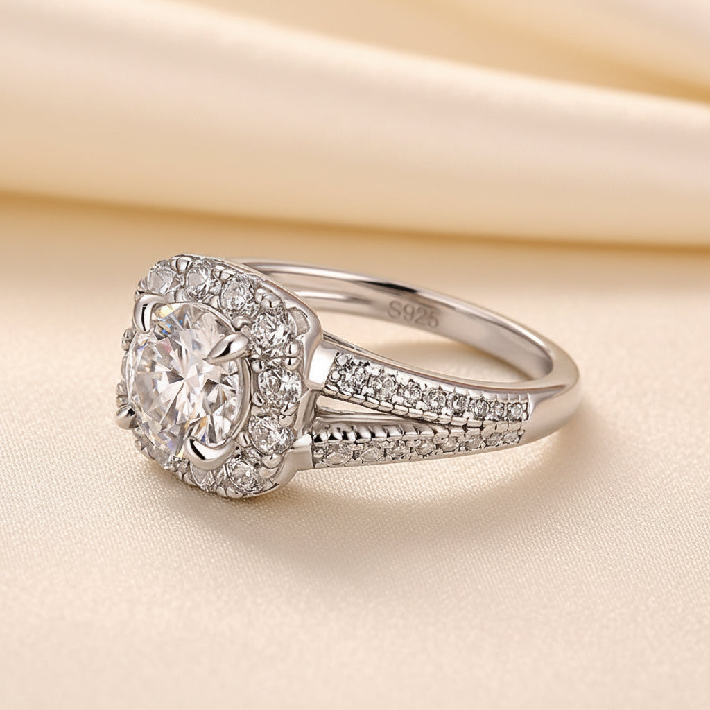 Aurevyn Moissanite 1.2Ct Halo Round Cut Split Shank White Gold Promise Ring For Women