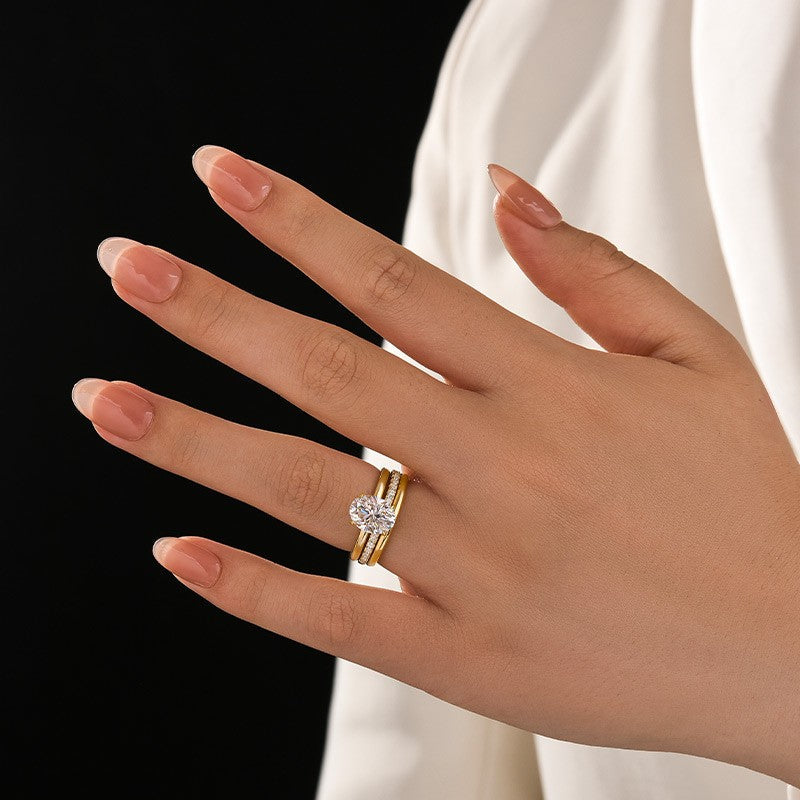 Aurevyn Moissanite 2.0Ct Solitaire Oval Cut Yellow Gold Wedding Ring with Pavé Eternity Ring