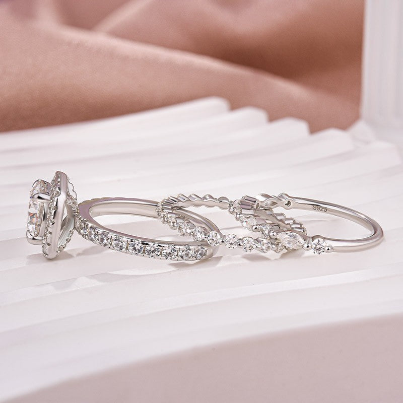Aurevyn Moissanite 2.0Ct Halo Round Cut White Gold Promise Ring With Round Cut & Marquise Cut Anniversary Ring