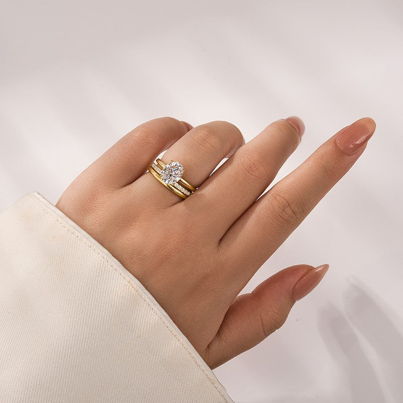 Aurevyn Moissanite 2.0Ct Solitaire Oval Cut Yellow Gold Wedding Ring with Pavé Eternity Ring