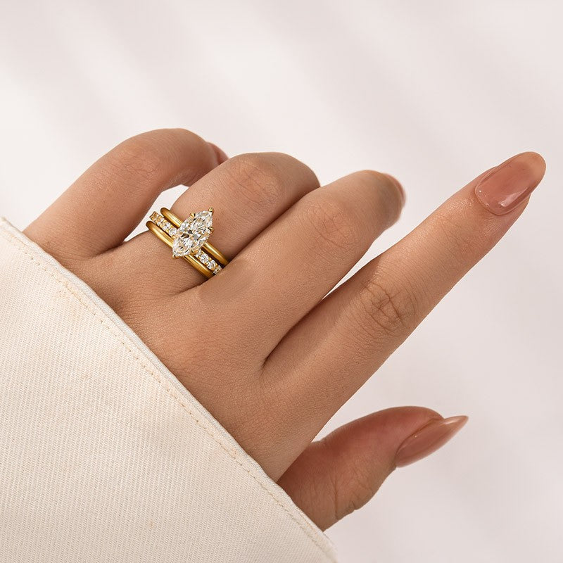 Aurevyn Moissanite 2.0 Ct Marquise Cut Solitaire Yellow Gold Promise Ring with Half Round Cut Anniversary Ring