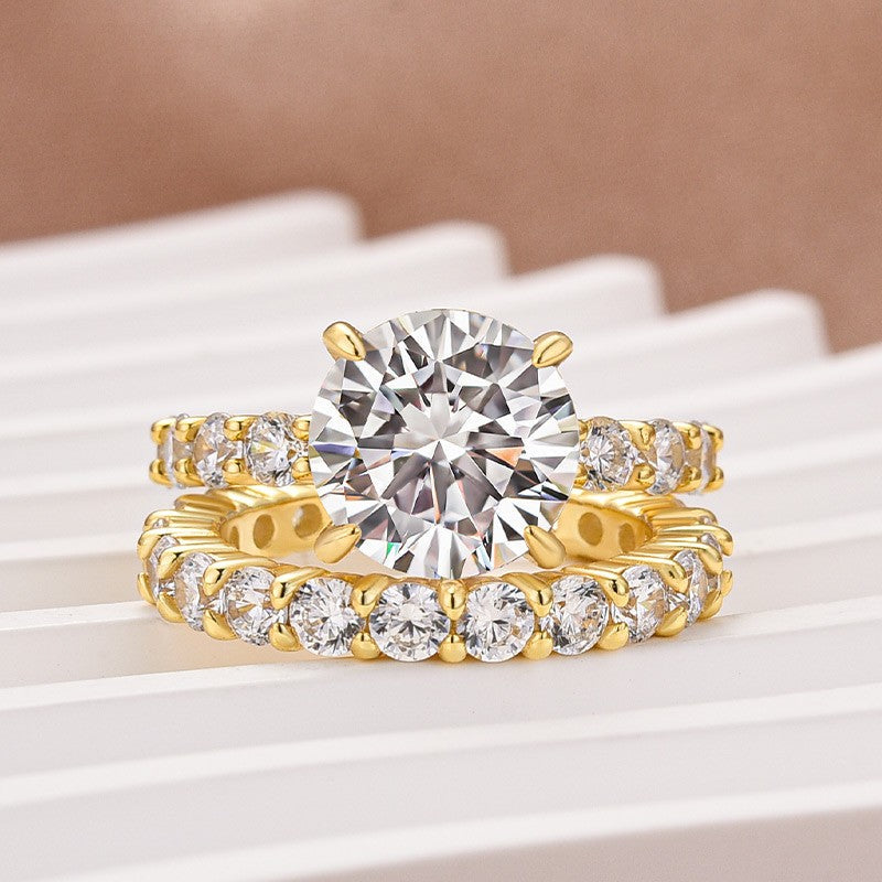 Aurevyn Moissanite 4.0Ct Round Cu/Oval Cut Side Stone Yellow Gold Travel Bridal Set