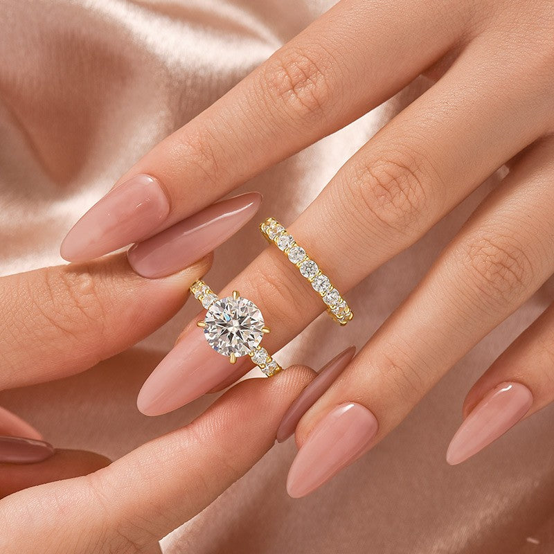 Aurevyn Moissanite 4.0Ct Round Cu/Oval Cut Side Stone Yellow Gold Travel Bridal Set