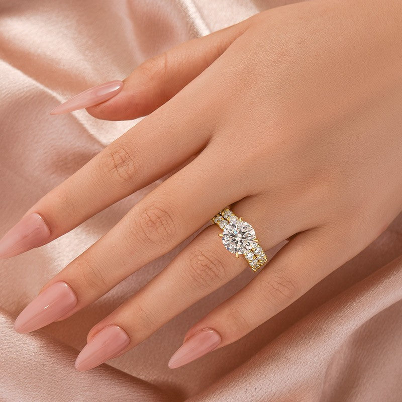Aurevyn Moissanite 4.0Ct Round Cu/Oval Cut Side Stone Yellow Gold Travel Bridal Set