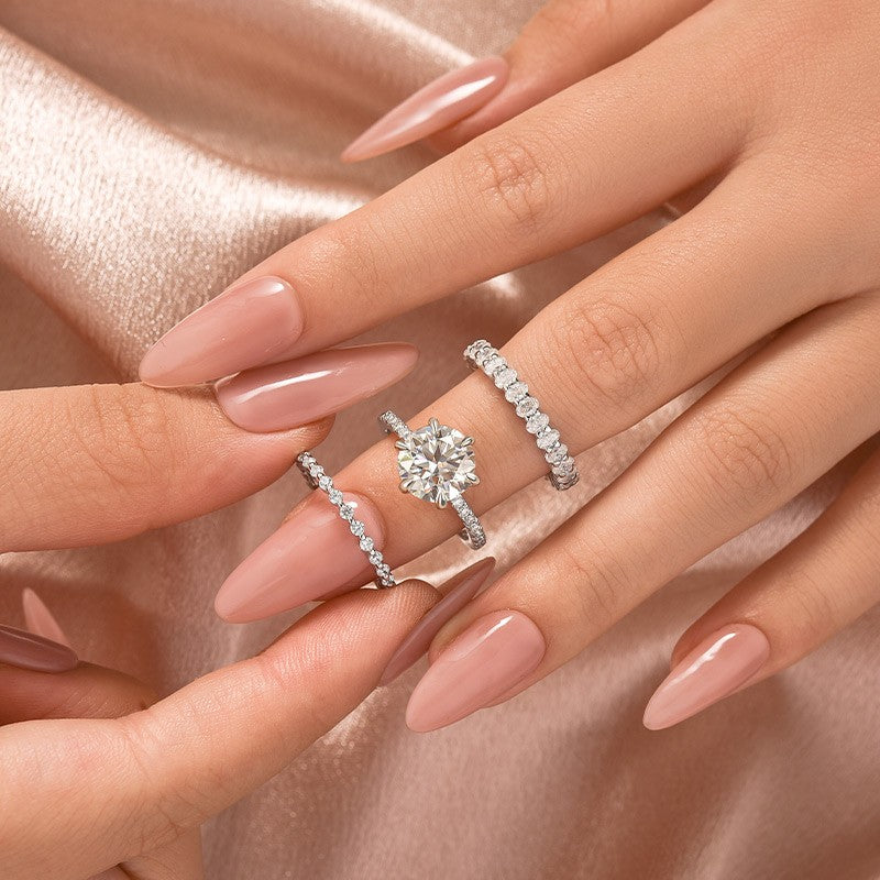 Aurevyn Moissanite 3.0Ct Round Cut White Gold 3PC Travel Engagement Ring with Oval & Round Cut Wedding Band