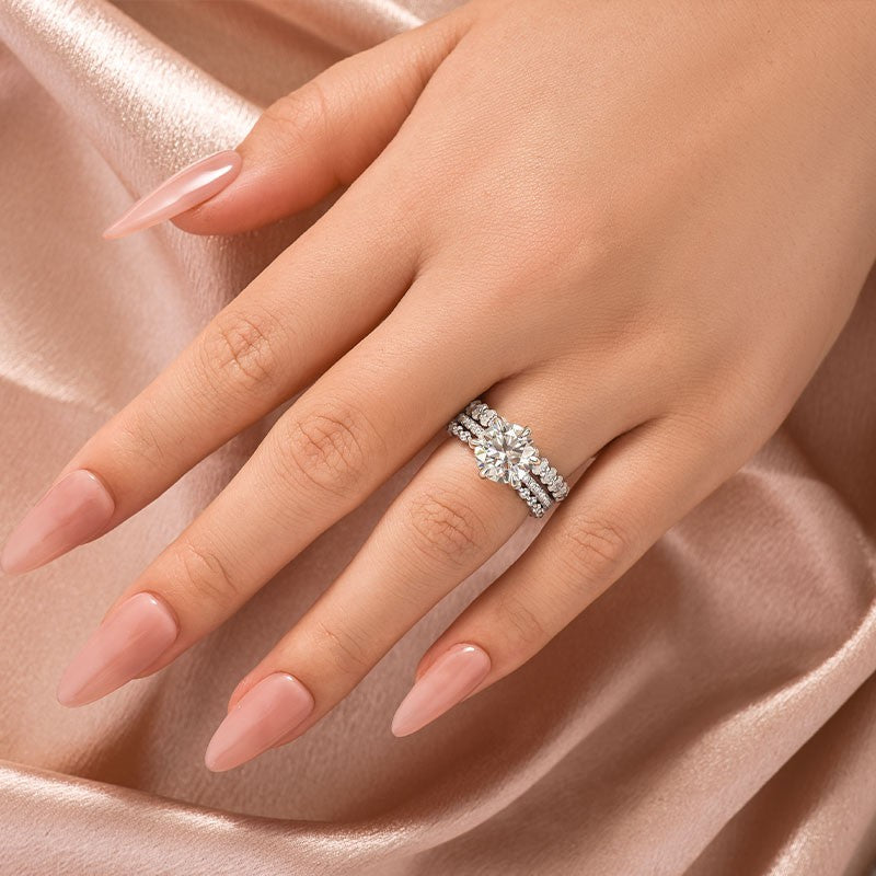Aurevyn Moissanite 3.0Ct Round Cut White Gold 3PC Travel Engagement Ring with Oval & Round Cut Wedding Band