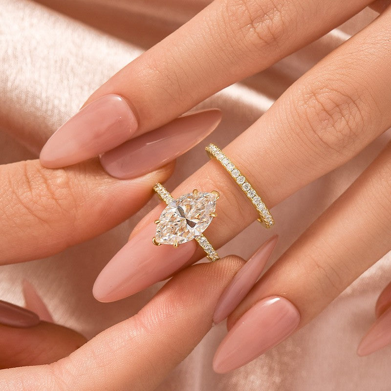 Aurevyn Moissanite 4.0 Ct Marquise Cut Yellow Gold Half-Coverage Wedding Set