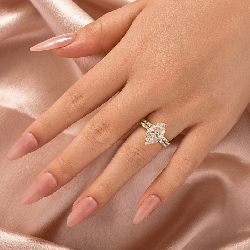 Aurevyn Moissanite 4.0 Ct Marquise Cut Yellow Gold Half-Coverage Wedding Set