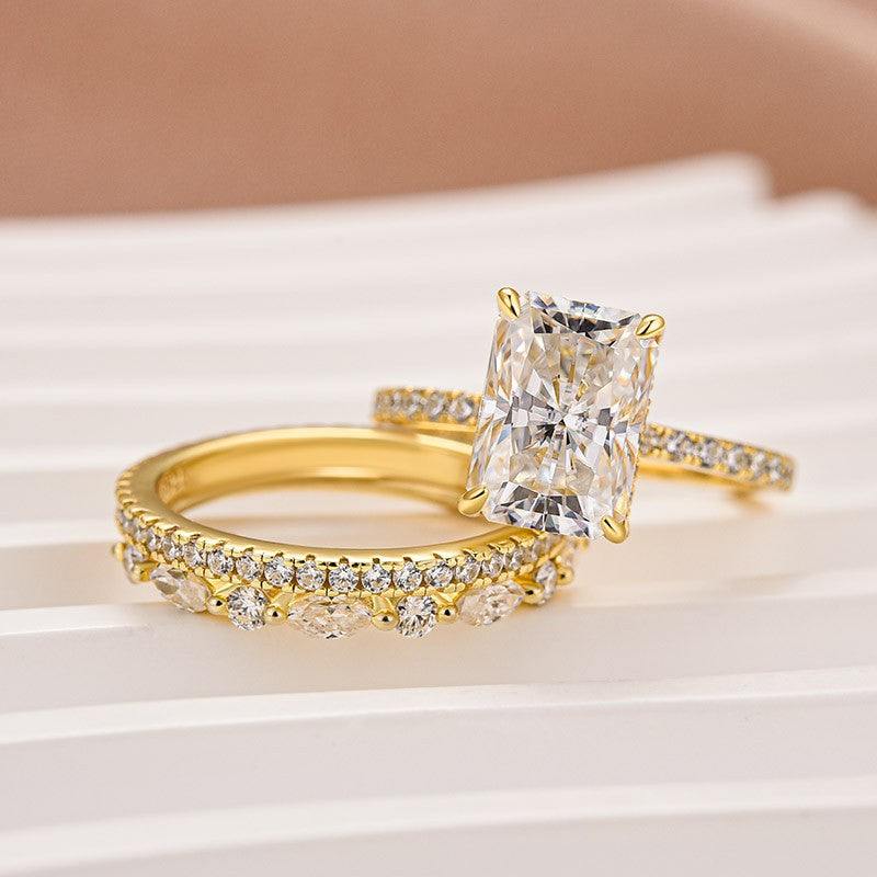 Aurevyn 3.5 Ct Radiant Cut Yellow Gold Moissanite Diamond Wedding Ring with Round & Marquise Accents Bands