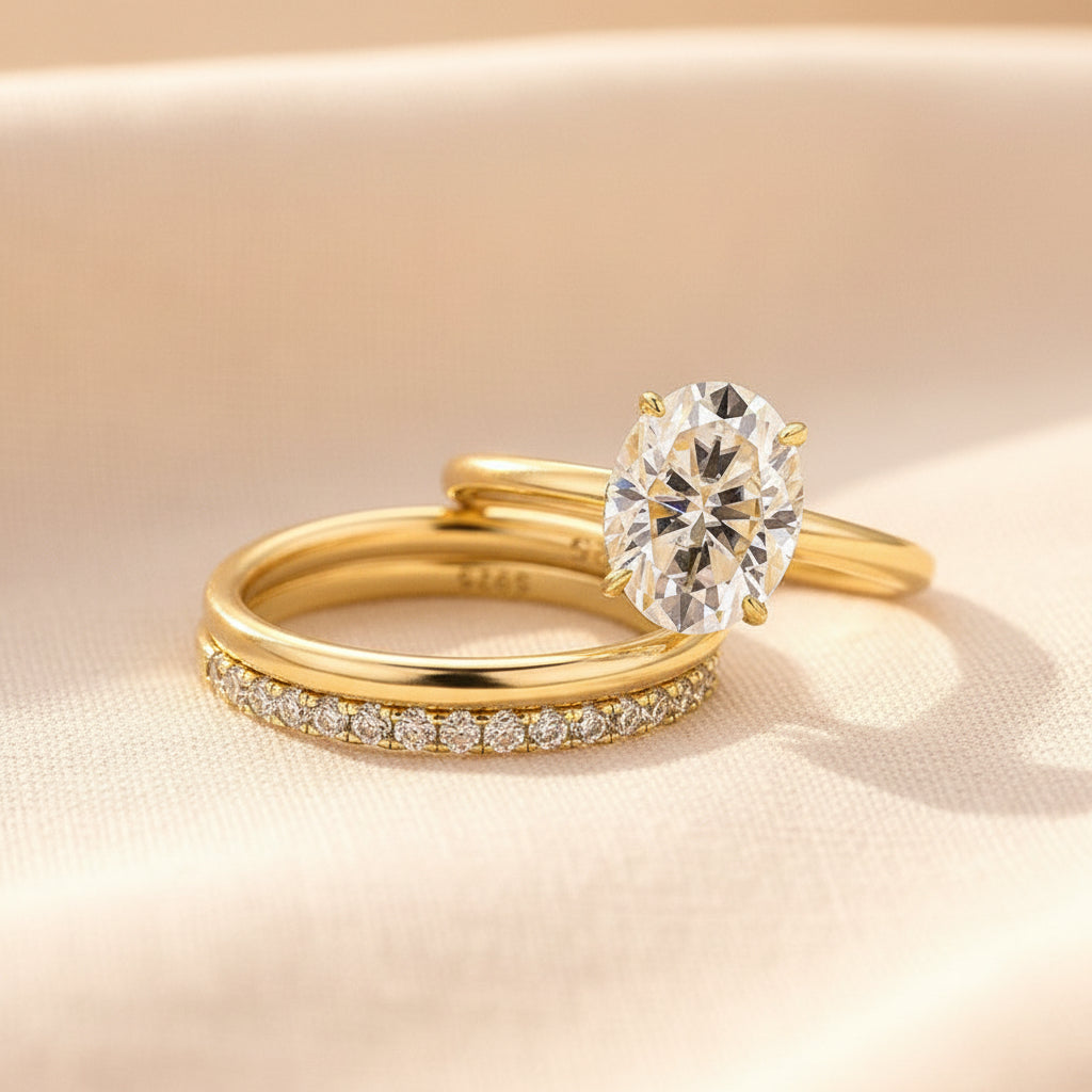 Aurevyn Moissanite 2.0Ct Solitaire Oval Cut Yellow Gold Wedding Ring with Pavé Eternity Ring