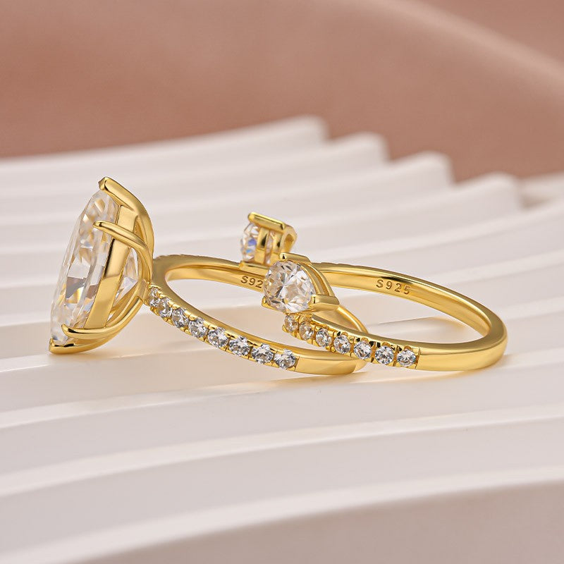 Aurevyn Moissanite 4.0Ct Marquise Cut Yellow Gold Wedding Ring with Open Pear Cut Enhancer Ring