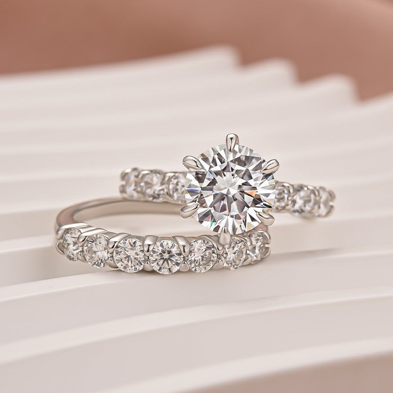 Aurevyn Moissanite 2.0 Ct 6 Prong Round Cut White Gold Engagement Ring with Seven Stone Low Dome Basket Anniversary Ring