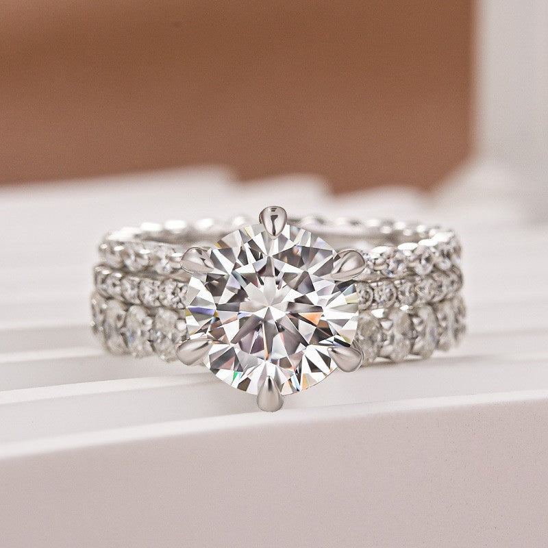 Aurevyn Moissanite 3.0Ct Round Cut White Gold 3PC Travel Engagement Ring with Oval & Round Cut Wedding Band