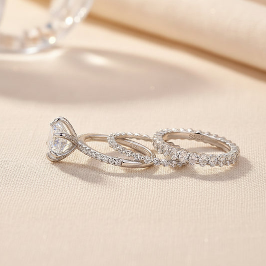 Aurevyn Moissanite 3.0Ct Round Cut White Gold 3PC Travel Engagement Ring with Oval & Round Cut Wedding Band