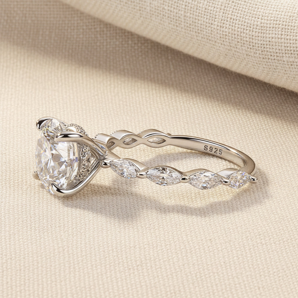 Aurevyn 2.0 Ct Round Cut with Marquise Side Stones Hidden Halo Engagement Ring