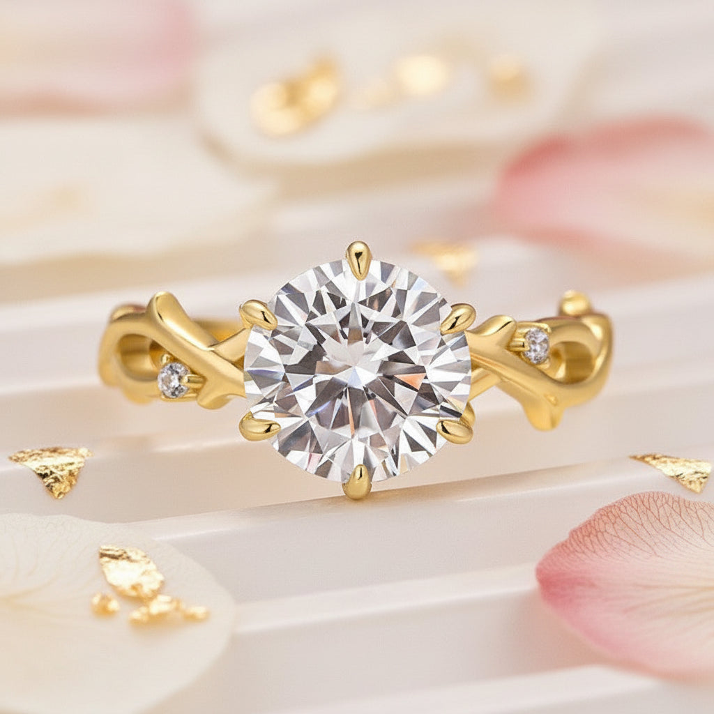 Aurevyn Moissanite 2.0 Ct Twig 6 Prong Round Cut Twist Yellow Gold Engagement Ring